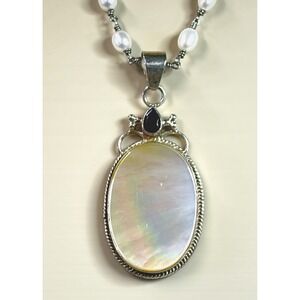 Vintage 925 Sterling Silver Mother of Pearl Garnet Rice Pearl Necklace Boho SW
